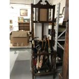 Edwardian oak hall stand, mirror missing, art nouveau tiles, stick and umbrella tray along with a