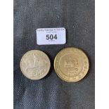 Coins/Medallions: George V 1935 crown plus 1970 Hudson Bay Company large bronze tercentenary