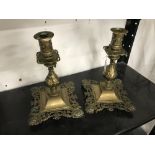 19th cent. Gothic style brass candlesticks, a pair. 10ins.