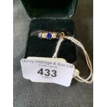 Jewellery: Sapphire and diamond five stone dress ring. 3.6g. inclusive. Sapphire: 3 x oval