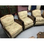 Mid 20th cent. beech framed bergère armchairs x 3.