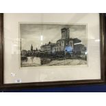 19th cent. Robert Smart (1881 - 1947) Etching dockside with building and figures. Signed in