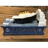 Toys: Reproduction cast iron Titanic money box. (A/F)