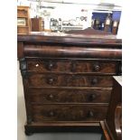 19th cent. Mahogany chest of drawers two over three cock beaded with hidden drawer above. Rising off