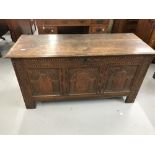 18th cent. Oak coffer with carved and inlaid decoration. 51ins.