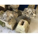 Stonework: Limestone saddle stone bases and square tops. The tops are 16ins square and standing at