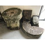 Stonework: Limestone millstones and blocks. Various sizes.