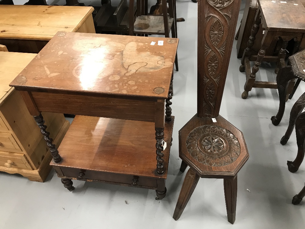 19th cent. Mahogany two tier side table with barley twist supports on tapered castors. Plus an