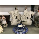 19th cent. Staffordshire Flatbacks of King Charles and a Cavalier 13½ins. plus a Wedgwood Ferrara