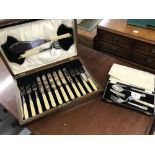 Platedware: Oak cased set of six fish knives and forks with servers, plus a christening set of