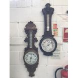 Meteorology: Oak cased banjo barometers with thermometers, wall mounted x 2.