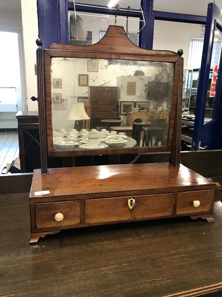 19th cent. Mahogany dressing table mirror, reed columns and a three drawer base.