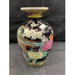 20th cent. Japanese vase black ground with yellow band to base, floral decoration.