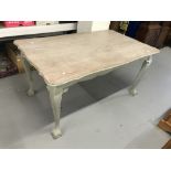 19th cent. Limed oak painted table, shaped top and apron, long cabriole supports rising off ball and