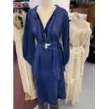 Textiles: Edwardian day dress. Navy blue, sailor collar, bodice has central row of gilt buttons,