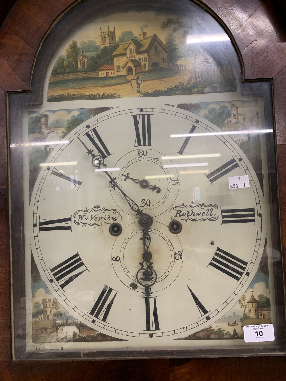 Clocks: 19th cent. Mahogany longcase. Arch dial, painted rural scene, spandrel bell strike second - Image 2 of 2