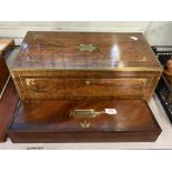 19th cent. Rosewood writing box with brass inlay and concealed drawer containing a set of four