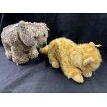 Toys: Steiff brown bear standing on all fours with moveable head. Brown leather collar, glass