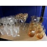 19th/20th cent. Glass: Amber lemonade set, jug and six glasses, plus gilt edged wine glass x 6,