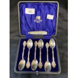 Silver: Set of six sterling silver teaspoons plus a mother of pearl fruit knife with a silver