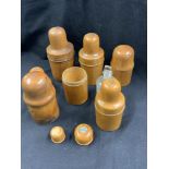Apothecary: Satinwood apothecary treen bottles and covers (3 with bottles), menthol pots x 2.