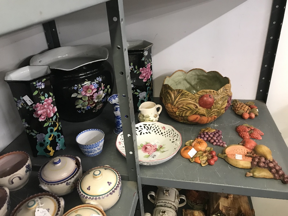 Pat Purkis Ceramics: Hand decorated fruit bowl, wall decorations in the form of fruit, Schumann