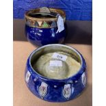 Ceramics: Royal Doulton blue glaze stoneware tobacco jar. Blue, green and brown diamond design