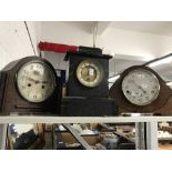 19th cent. Slate and marble mantle clock, English make. Plus two 20th cent. Oak mantle clocks. (3).
