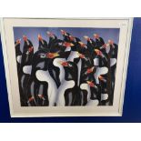 Soeprey: On linen Batik 'Emperor Penguins', signed on rear. Framed and glazed 27ins. x 22½ins.