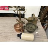 19th cent. Brass & Copper Ware: Copper kettle, brass kettle stand, Indian brass pot 7ins diameter,