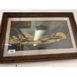 Woodcut: Soviet Cold War wood carving 'Migs at Dawn'. Framed and glazed 26ins. x 8½ins.