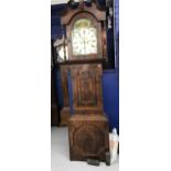 Clocks: 19th cent. Mahogany longcase. Arch dial, painted rural scene, spandrel bell strike second