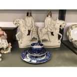 19th cent. Staffordshire Flatbacks of King Charles and a Cavalier 13½ins. plus a Wedgwood Ferrara