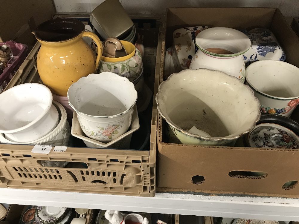 Ceramics: Mixed collection of 19th cent. & later jugs, vases, planters, etc A/F. (2 boxes).