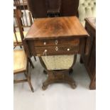 19th cent. Mahogany William VI work box, double drop leaf above 2 drawers and a wool/cottons drawer,