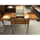 19th cent. Satinwood Sheraton style dressing table. Inlaid with fruit woods, top opens to reveal