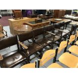 1940s Pre-war oak dining chairs with brown leather seats and backs, 4 chairs plus 2 carvers. Plus