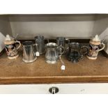 20th cent. Metal Ware: Hammered pewter, glass bottomed, tankards x 2, plated tankards x 3, and