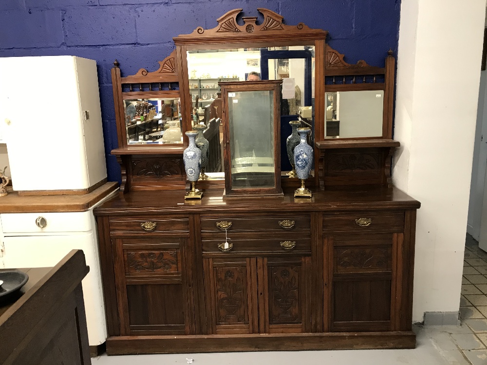 Edwardian mahogany chiffonier, four drawers with brass handles, over three cupboards, gallery of