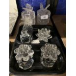 Glass and Crystal: Cut glass powder pot with butterfly finial x 2, crystal flower candle holders,