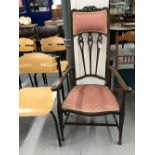 19th cent. Mahogany arts and crafts chair, carved cresting rail pierced slat backs and arm fronts,