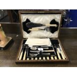 Platedware: Oak cased set of six fish knives and forks with servers, plus a christening set of