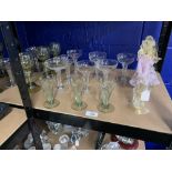 Glass: 20th Century hollow stem champagne glasses, 4 powell glasses, Venetian style glass figures of