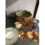 Pat Purkis Ceramics: Hand decorated fruit bowl, wall decorations in the form of fruit, Schumann