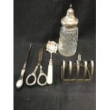 Hallmarked Silver: Miscellaneous hallmarked silver to include toast rack, silver handled scissors,