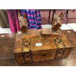 19th cent. Oak writing slope with fruitwood marquetry decoration plus two treen "Scotty" bookends.