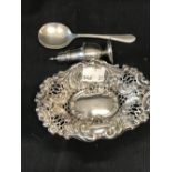 Hallmarked Silver: Oval pin dish & a condiment, Birmingham and a spoon Sheffield. Approx. 2½oz.