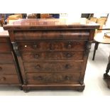 19th cent. Mahogany chest of drawers two over three cock beaded with hidden drawer above. Rising off