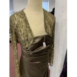 Fashion: Evening dress, olive green satin, sheath style, pleats over bodice, fully lined, lace