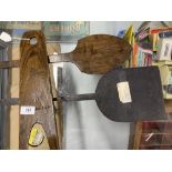 Rural Collectables: Treen boot pull marked E.D. Hampton, bread skillet, and an iron skillet.